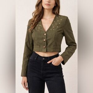 Laine Vintage Olive Green Cropped Jacket/ Blazer/Shirt  Studded Button Front